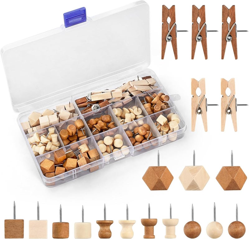 GOOLADA 114Pcs Decorative Push Pins in 7 Types and 2 Colors Wooden Push Pins Cute Thumb Tacks Clips for Cork Board Bulletin Board Wall Cubicle Crafts for Office Classroom Farmhouse with Storage Box - Image 1